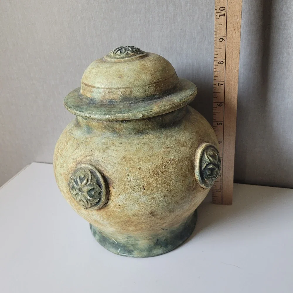 Vintage Rustic Ceramic Cookie Jar Large Green Tan Pottery Canister Crock Lid